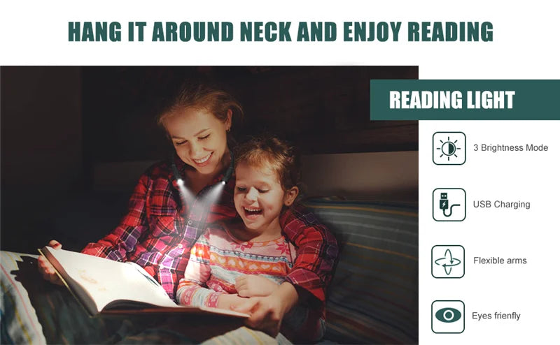 Neck Reading Light Novelty Flexible Neck Lights Handsfree Book Light Hanling Read Lamp Portable USB Rechargeable Book Lighting