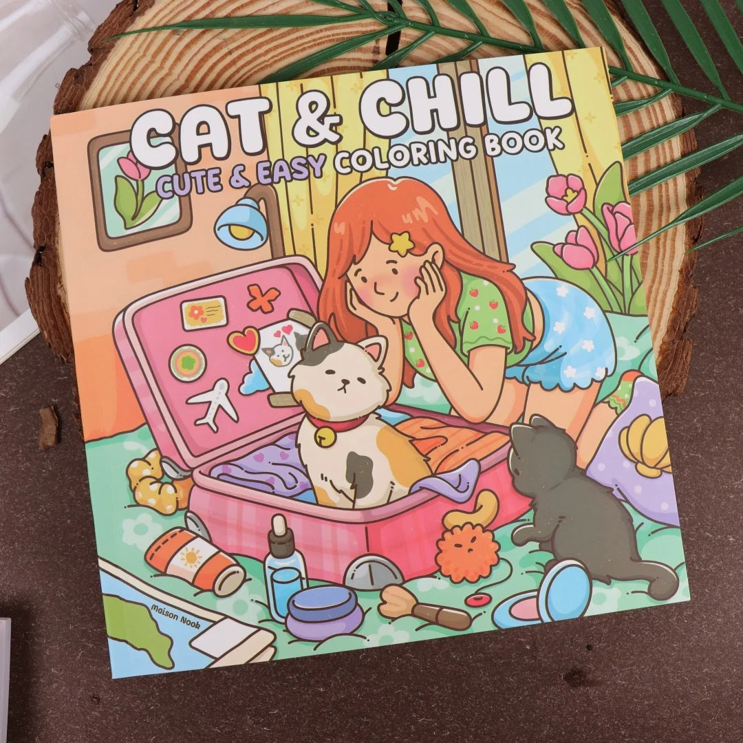 Cat & Chill: Cute & Easy Coloring Book for Adults and Teens Featuring Cozy Scenes and Relaxing Moments with Cats for Stress Reli