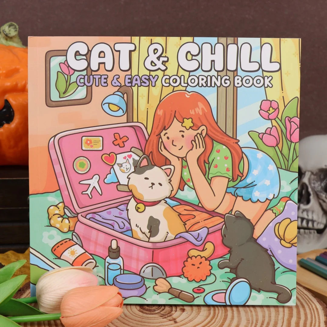 Cat & Chill: Cute & Easy Coloring Book for Adults and Teens Featuring Cozy Scenes and Relaxing Moments with Cats for Stress Reli