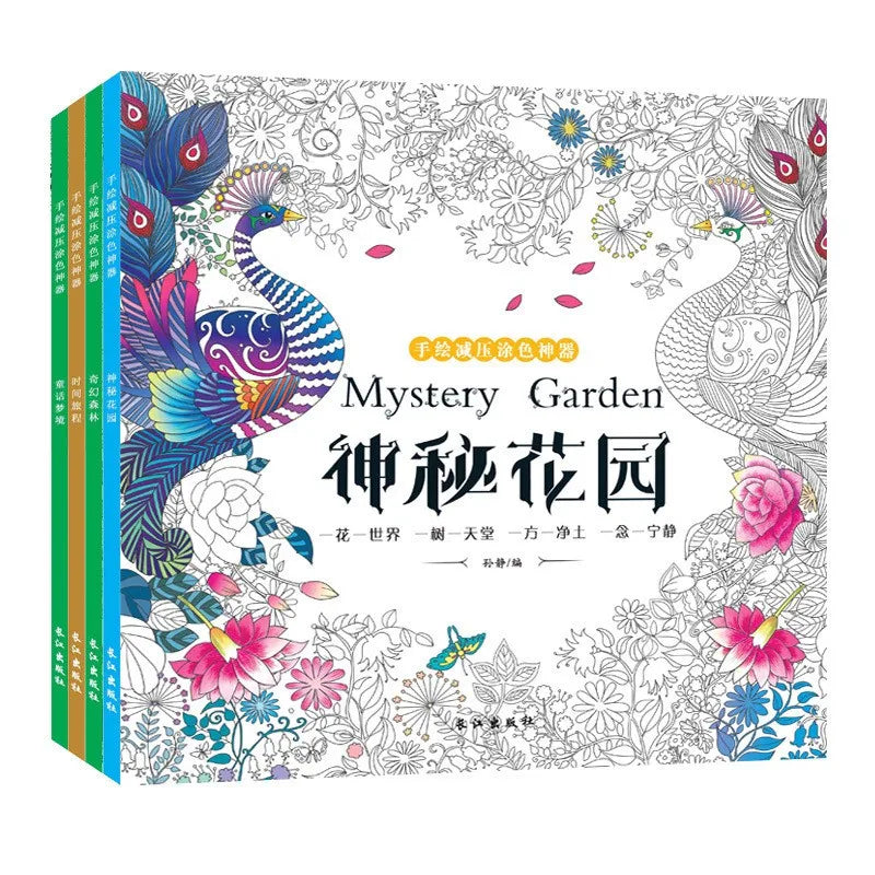 New Mystery Garden + The Enchanted Forest + Time Journey + Fairy Tales Coloring Book Adults Art Painting Books